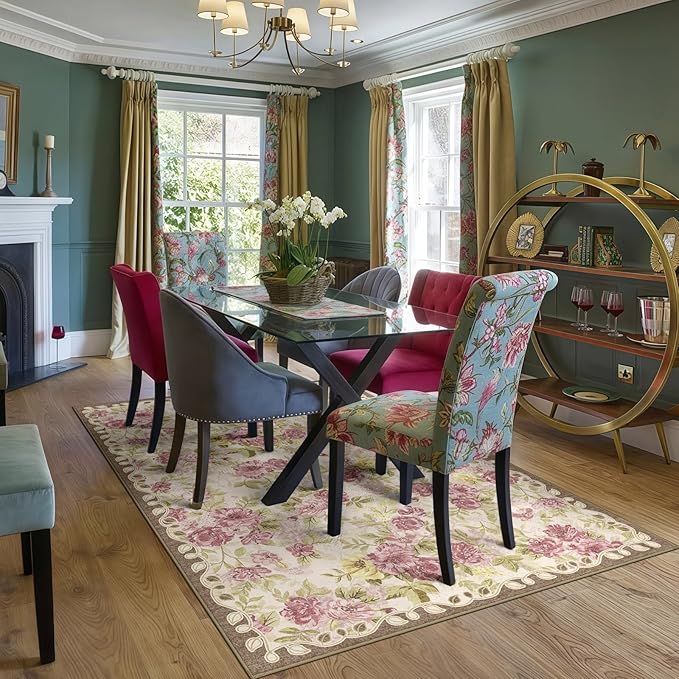 4x6 Machine Washable Area Rug for Living Room, Pink Vintage Boho Floral Rug Large Non-Slip Low Pile Soft Faux Wool Carpet, Kids and Pets Friendly for Bedroom Dining Room Farmhouse Home Decor Rug