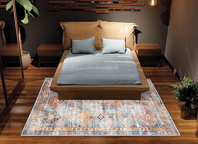 Bloom Rugs Washable Non-Slip 4' x 6' Rug - Blue/Orange Traditional Bordered Area Rug for Living Room, Bedroom, Dining Room, and Kitchen - Exact Size: 4' x 6'