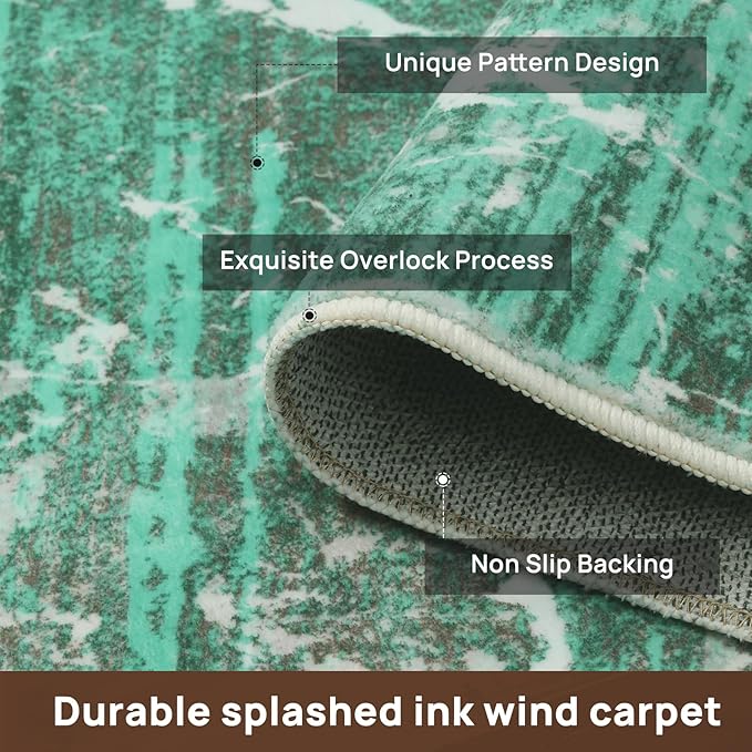 Abstract Green 5x7 Area Rug, Modern Teal Throw Rugs for Living Room, Washable Soft Large Non-Slip Accent Carpet Floor Mat for Dining Room Office Bedroom - Turquoise