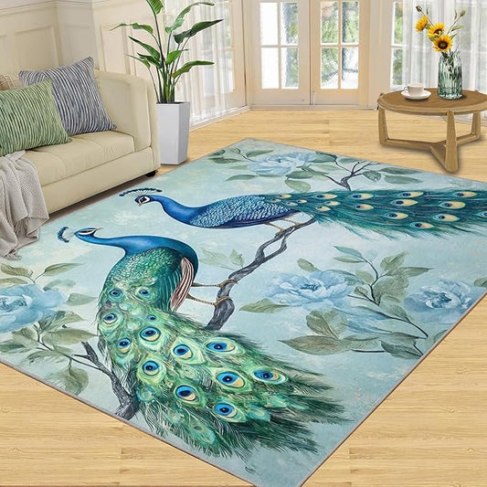 Peacock Rugs for Living Room - 5x7 Rug, Classic Peacock Floral Area Rugs for Bedroom, Teal Turquoise Rug, Modern Style Washable Carpet, Aesthetics Carpet - Peafowl Home Decor & Gifts