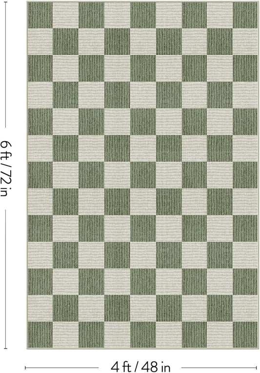 LIVEBOX 4x6 Washable Area Rug Checkered, Non-Slip Small Entryway Rug Green Farmhouse Neutral Classic Geometric Boys Rug for Bedroom Living Room Low-Pile Carpet for Indoor Kitchen(Sage Green 4'x6')