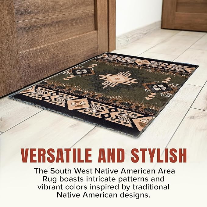 YHSF South West Native American Area Rug C318 - Easy Clean, Thick, Soft, Durable Native Tribal American Indian Inspired Rug for Bedroom/Living Room and More - Sage Green, 3 ft 10 in x 5 ft 2 in