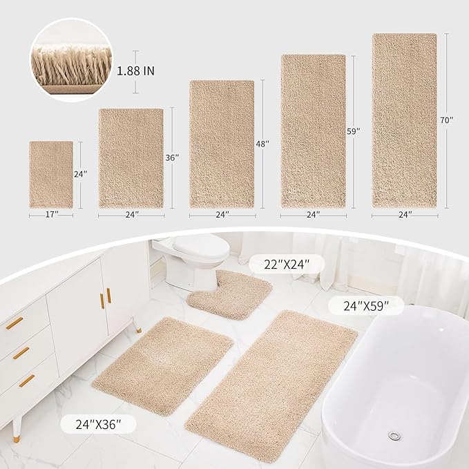 Small Bathroom Rug 17x24 Non Slip Beige Fluffy Bath Mat for Bathroom Floor Washable Plush Luxury Bath Rug for Tub Soft Shaggy Absorbent Shower Mat