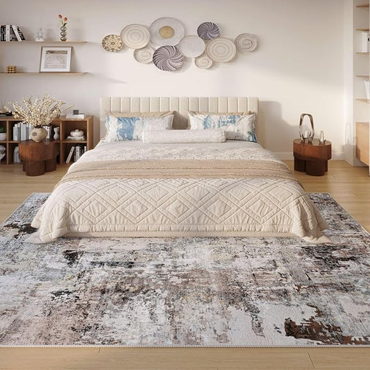 Rugcomf Modern Abstract Washable Rugs 8'x10' - Non-Slip Low Pile Area Rug, Large Boho Carpet for Living Room, Bedroom, Dining Room, Farmhouse, Kids Playroom, Office - Brown