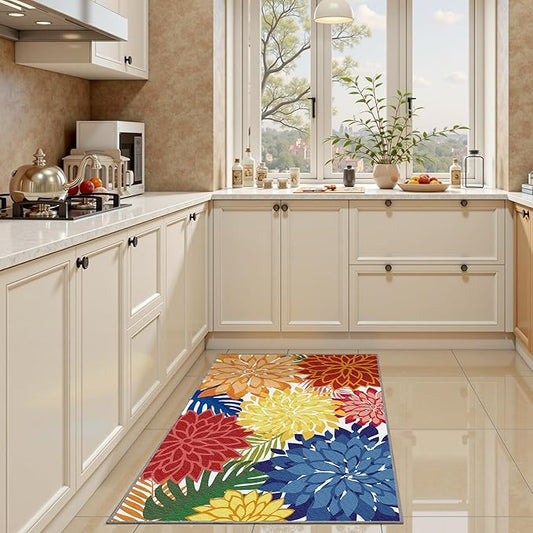 2x3 Colorful Washable Small Rug Tropical Botanical Modern Floral Indoor Chenille Door Mat Carpet Non Slip for Patio, Entry Way, Entrance, Porch, Rainbow