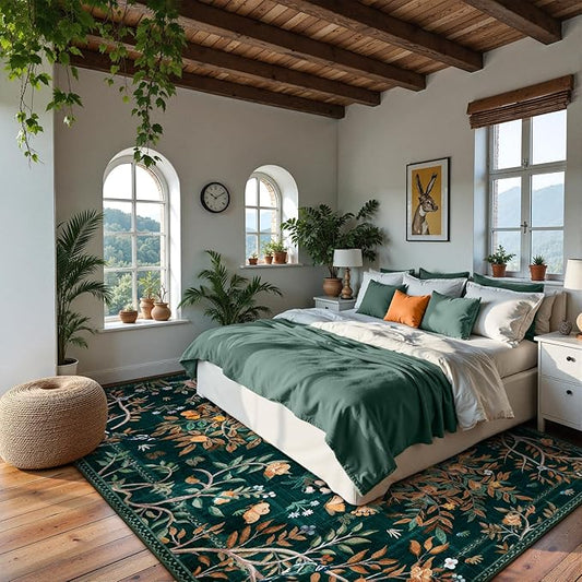 Morebes Boho Living Room Rug 8x10, Washable Kids Playroom Area Rug Non Slip, Soft Large Botanical Flower Indoor Floor Throw Carpet for Bedroom Nursery Dining Room, Dark Green