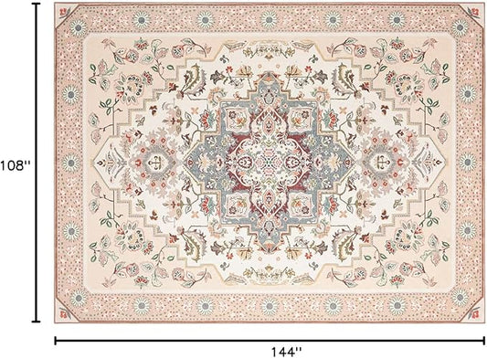 Phantoscope Washable Area Rug 9'x12' Non-Slip, Vintage Boho Rugs for Living Room, Bedroom, Dining Room, Persian Floral Medallion Pattern, Low-Pile Foldable Floor Carpet, Ivory Rose/Fall Bloom