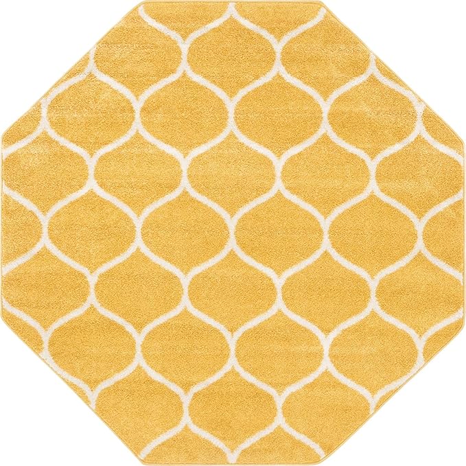 Rugs.com Lattice Frieze Collection Rug – 5' Octagon Yellow Medium Rug Perfect for Living Rooms, Kitchens, Entryways
