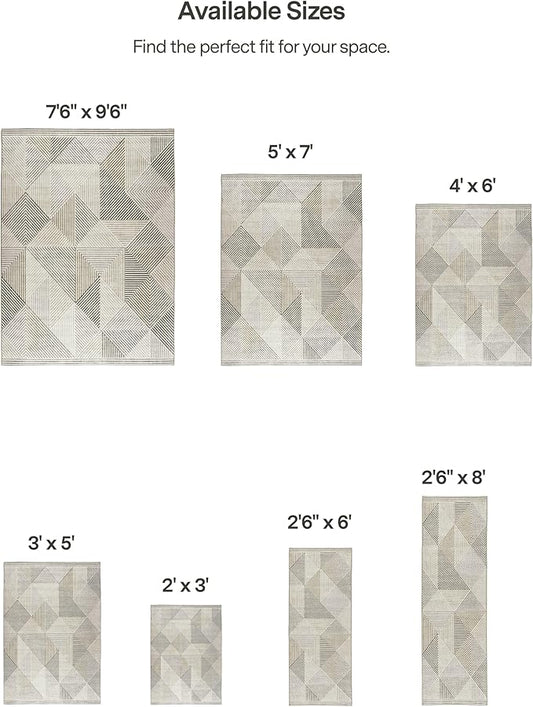 ReaLife Rugs Machine Washable Area Rug - Living Room Bedroom Bathroom Kitchen Entryway Office - Padded Low Pile Stain Resistant Premium - Modern Geometric Contemporary - Miles - Beige 4' x 6'