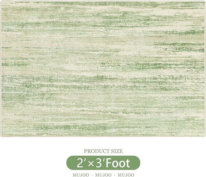 MUJOO Small Rug Washable,2x3 Area Rugs for Entryway Entry Entrance Bedroom Bathroom,Modern Abstract Low Pile Throw Rug,Front Door Mat Non Slip Accent Neutral Carpet Indoor Green