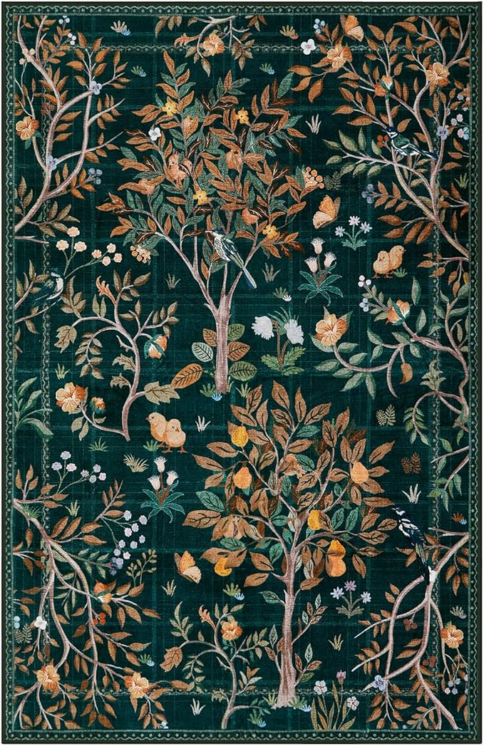 Morebes Boho Washable 5x7 Area Rugs, Dark Green Floral Rugs for Living Room Non Slip, Soft Botanical Indoor Floor Carpet for Kids Playroom Dining Room Bedroom Nursery Dorm