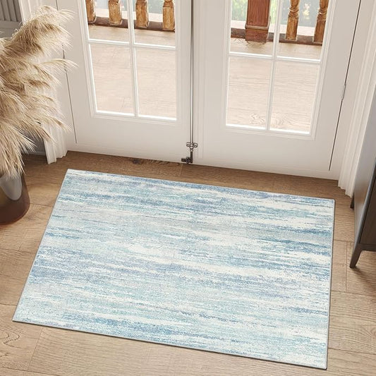 MUJOO Small Rug Washable,2x3 Area Rugs for Entryway Entry Entrance Bedroom Bathroom,Modern Abstract Low Pile Throw Rug,Front Door Mat Non Slip Accent Neutral Carpet Indoor Blue