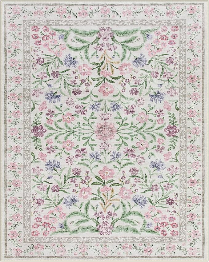 Lahome Purple 8x10 Area Rugs for Living Room, Washable Kids Rugs for Bedroom Girls, Vintage Baby Rugs for Nursery, Soft Thin Carpet for Dining Room Playroom, Pale Lilac/Pink