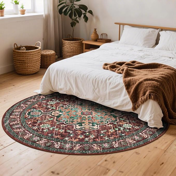 U'Artlines Boho Vintage Round Area Rug 8ft Machine Washable Low Pile Soft Floor Carpet Non Slip Non Shedding Accent Rug for Living Room Bedroom Entryway Dining Room Office Rust&Teal