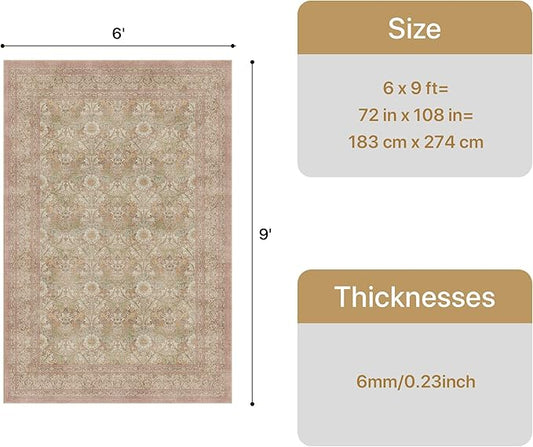 Bavni Vintage Floral Rugs 6x9, Washable Area Rug with Non Slip Backing, Low Pile for Living Room, Nursery,Bedroom & Home Decor, Lightweight Carpet, Brown Pink
