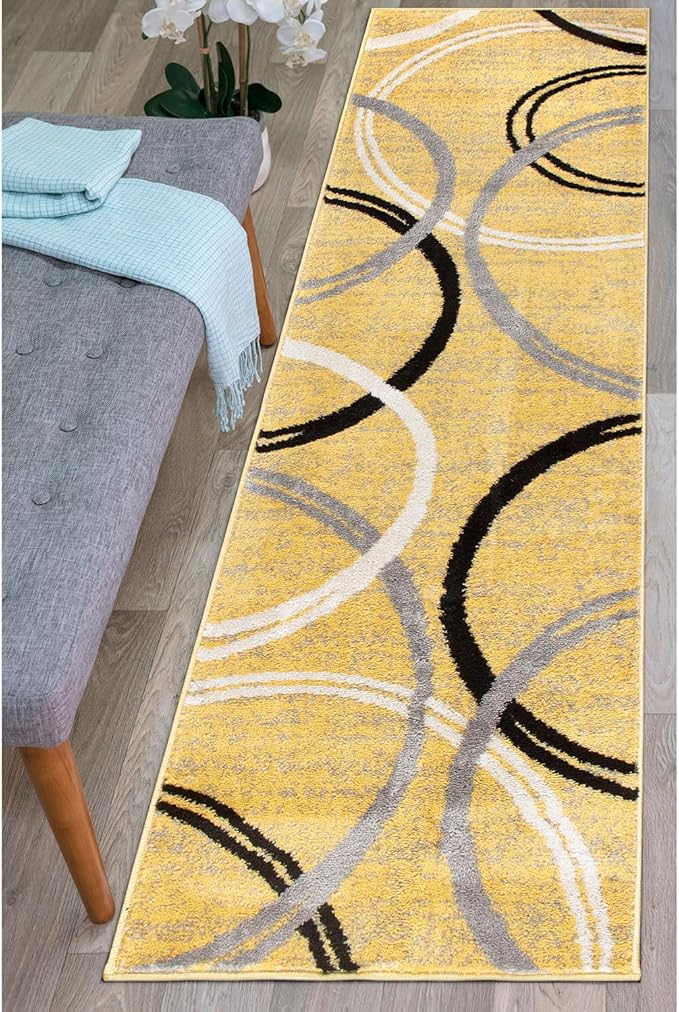Rugshop Wavy Circles Design Runner Rug, Fade-Resistant Carpet for Hallway, Entryway, or Kitchen, Yellow, 2' x 7'2"