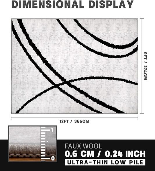 YIHOUSE Modern Area Rugs for Living Room, 9x12 Washable Black and White Rug, Thin Abstract Geometric Striped Rug, Area Rug for Bedroom,Kitchen,Dining Room,Office