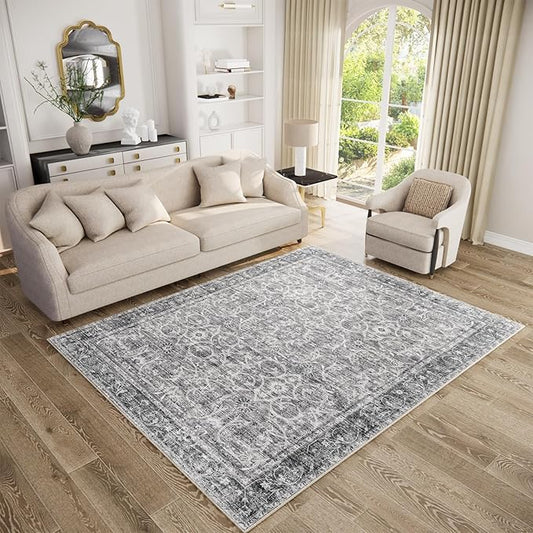 Washable Area Rugs 5'x7' Non-Slip Vintage Boho Distressed Fade Resistant Low Pile Carpet for High-Traffic Living Room, Bedroom & Dining Room