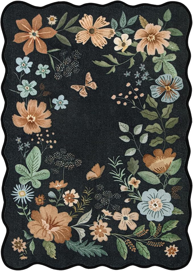 Lahome Floral Rugs for Living Room, 5x7 Area Rugs Ultra-Thin Soft Washable Rug, Non-Slip Bedroom Rug Stain Resistant Lightweight Boho Low-Pile Throw Carpet for Dining Room Office (5x7ft,Black/Grey)