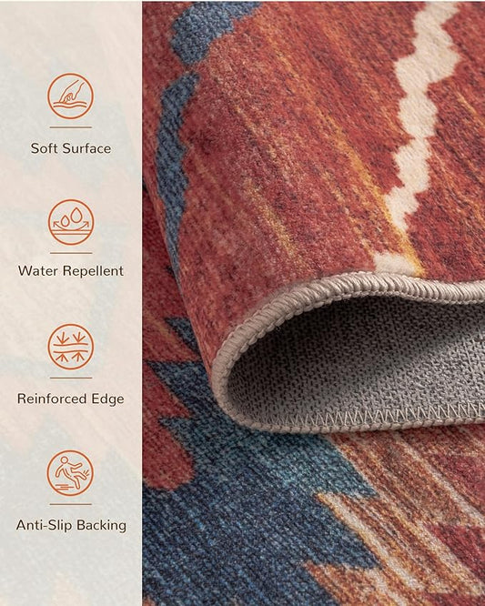 Area Rug 2x10 Rug Machine Washable Non-Slip Low Pile Print Pattern Western Rug for Living Room Bedroom Entryway Tribal Series -Red/Orange
