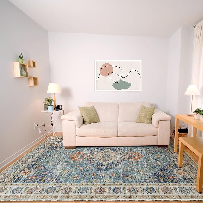 Enkor Area Soft Rugs 6x9 Washable Non Slip Boho Floor Rugs for Living Room Bedroom, Vintage Style Farmhouse Mat for Kitchen Entryway Green & Blue