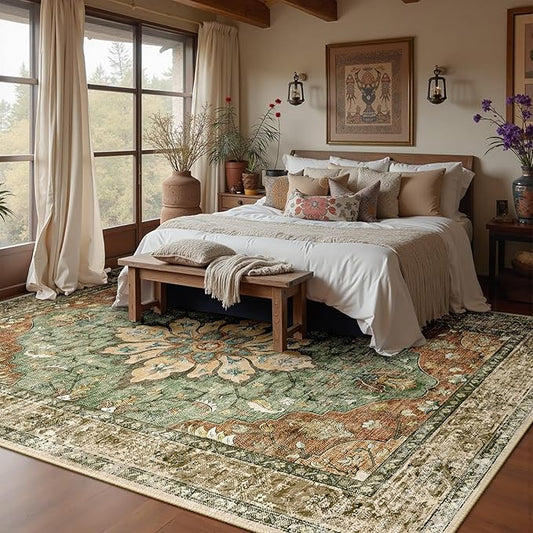 Area Rugs 9'x12' Washable Non-Slip, Floral Vintage Distress Print Pattern Medallion Carpet for Living Room Bedroom Dining Room, Brick Red Rust Neutral Brown Burnt Orange Green