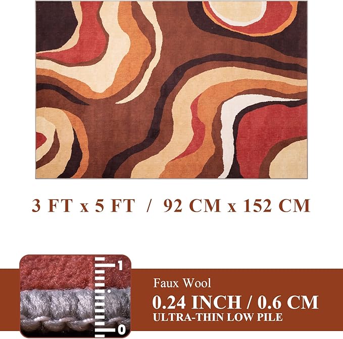YIHOUSE Burnt Orange Rug 3x5 Washable,Farmhouse Brown Retro Carpets,Geometric Abstract Wavy Rug for Bedroom,Unique Colorful Rugs for Living Room,Dining Room,Bedside Rugs