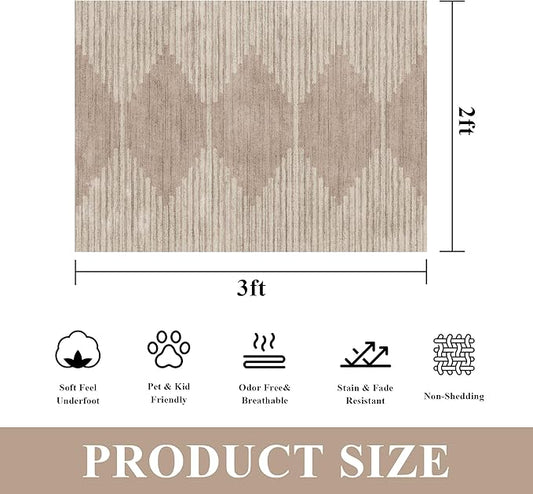 HelloTree 2x3 Entryway Rug, Indoor Small Machine Washable Area Rug Non Slip Backing Home Decor Floor Decoration Mat Boho Rugs for Entrance Kids Room Bedside Bedroom Carpet-Pink&Khaki