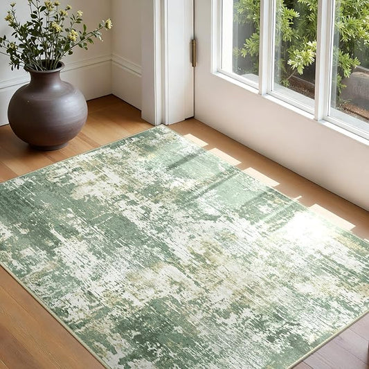 Washable Area Rugs 3'x5' Non-Slip Modern Abstract Soft for Living Room Entryway Bedroom Nursery, Print Pattern, Light Green/Yellow