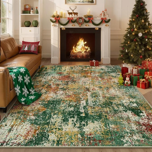 Washable Area Rugs 6'x9' Non-Slip Modern Abstract Soft for Living Room Entryway Bedroom Nursery, Print Pattern, Green Orange Rust Red Cream Colorful