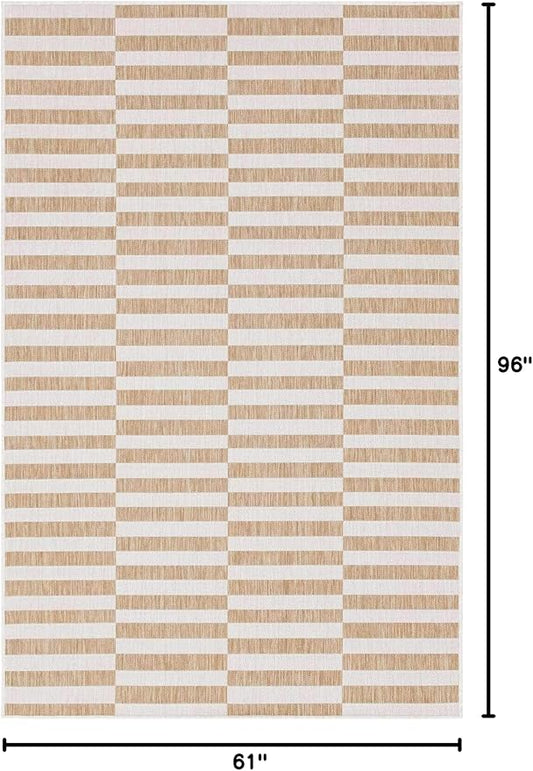 Unique Loom Outdoor Striped Collection Area Rug - Striped (5' 1" x 8' Rectangle, Taupe/Ivory)