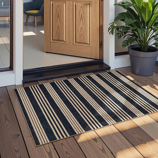 Lahome Striped Easy Jute Front Door Mat, 2x3 Washable Kitchen Rug Small Indoor Outdoor Rugs for Entryway, Farmhouse Neutral Lightweight Non Slip Black Carpet for Foyer