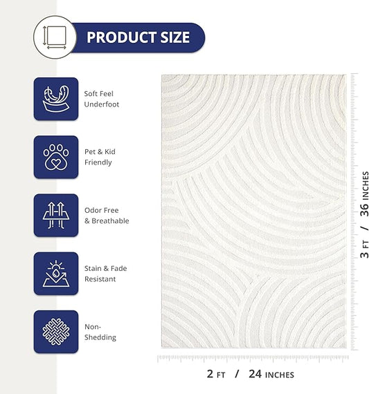 Abani Nomad Cream Tone-on-Tone Area Rug 2' x 3' for Living Room, Bedroom - Linear Curves Pattern - Durable & Easy to Clean