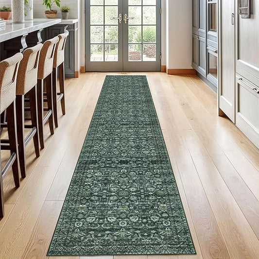 Vintage Runner Rug 2x12, Dark Green Washable Long Kitchen Runner Non-Slip Floral Soft Hallway Rug Runner Thin Print Faux Wool Carpet for Entryway Bedroom Laundry Room Indoor Home Decor