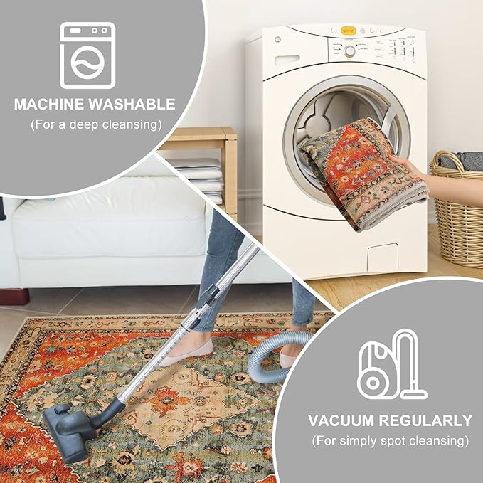 COMSLE Boho Runner Rug, 2' x 6' Washable Rugs for Hallway Faux Wool Small Kitchen Area Rug Distressed Throw Rug Non-Slip Laundry Room Rug Carpet Runner for Entryway Indoor Bedroom