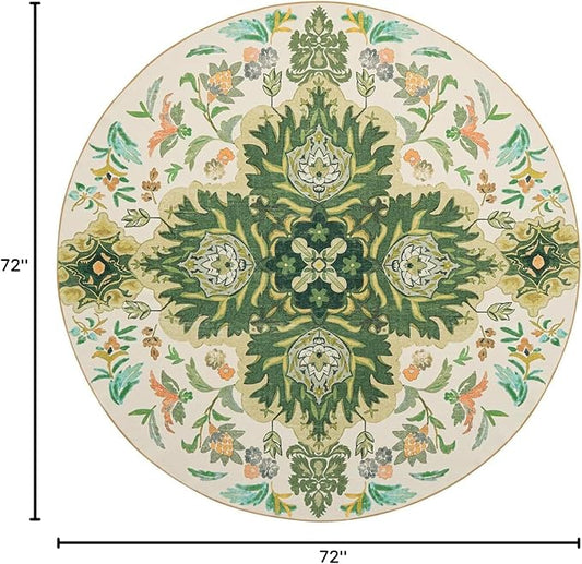 Phantoscope Washable Round Area Rug 6ft Non-Slip, Vintage Boho Rugs for Living Room, Bedroom, Dining Room, Neutral Green Floral Medallion Pattern, Low-Pile Foldable Floor Carpet, Forest Green/Cream