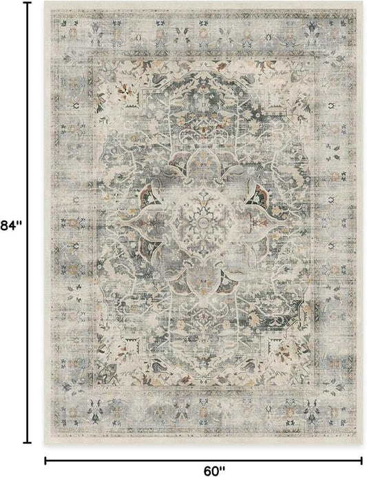 RUGGABLE Washable Vintage Area Rug – Sarrah Sage 5x7, Stain-Resistant, Non-Slip – Medium Machine Washable Rugs for Living Room, Bedroom, Hallway, Entryway & Office–with Cushioned Pad