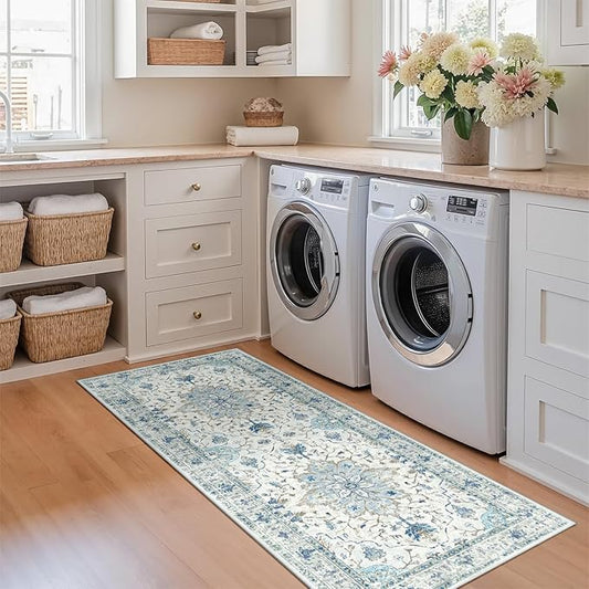 Area Rugs 2'x6' Washable Non-Slip, Floral Vintage Distress Print Pattern Medallion Carpet for Living Room Bedroom Dining Room, Light Blue Navy Beige Gray White
