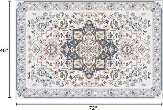 Phantoscope Washable Area Rug 4'x6' Non-Slip, Vintage Boho Rugs for Living Room, Bedroom, Dining Room, Persian Floral Medallion Pattern, Low-Pile Foldable Floor Carpet, Ivory Blue/Garden Bloom