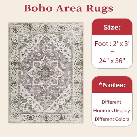 SERISSA Boho Rugs for Entryway, 2x3 Entryway Rug Non-Slip Washable Small Area Rug, Ultra Soft Oriental Vintage Low-Pile Indoor Door Mat Earth Tone Floor Carpet for Entrance Kitchen Bathroom