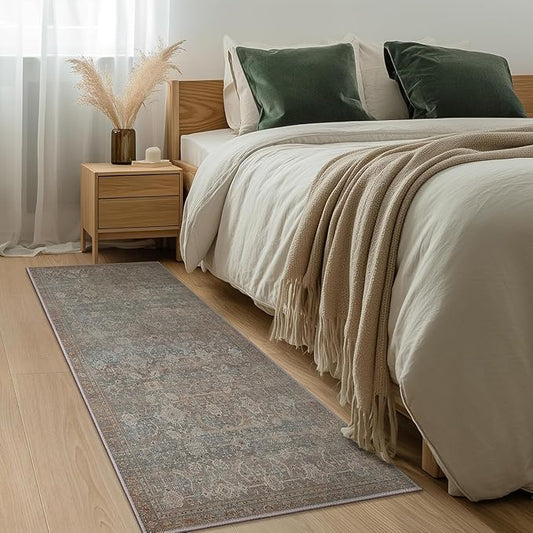 Bavni 2x7 Runner Rug Machine Washable Boho Runners for Hallway,Ultra-Thin Low Pile Rug,Lightweight Indoor Carpet,Non Slip Floral Runners for Enrtyway, Corridor, Home Office, Kitchen,Grayish Blue