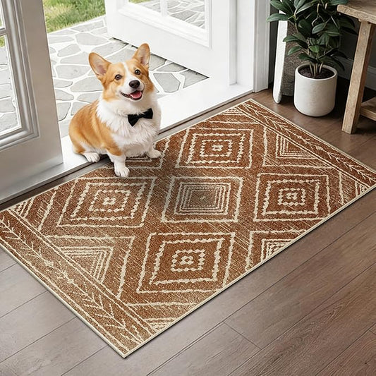 Area Rug 2x5 Rug Machine Washable Non-Slip Low Pile Print Pattern Western Rug for Living Room Bedroom Entryway Tribal Series-Yellowbrown/Cream