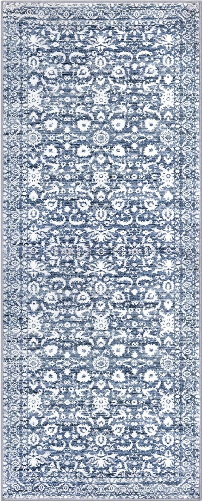 Vintage Floral 2x6 Runner Rug, Light Blue White Washable Kitchen Runner Rug Non-Slip Hallway Rug Runner Thin Printed Faux Wool Super Soft Carpet for Entryway Bedroom Laundry Room Indoor