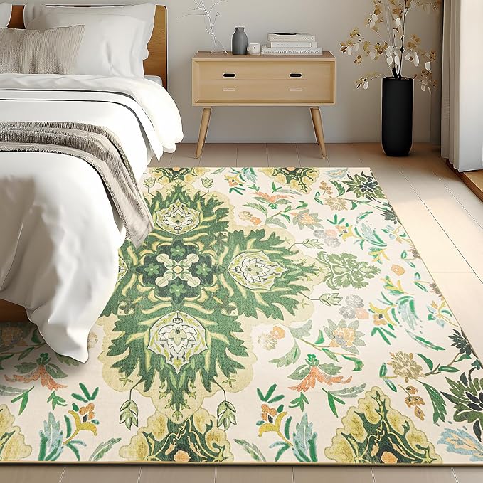 Phantoscope Washable Round Area Rug 6ft Non-Slip, Vintage Boho Rugs for Living Room, Bedroom, Dining Room, Neutral Green Floral Medallion Pattern, Low-Pile Foldable Floor Carpet, Forest Green/Cream
