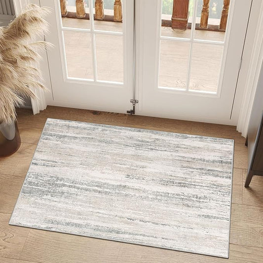 MUJOO Small Rug Washable,2x3 Area Rugs for Entryway Entry Entrance Bedroom Bathroom,Modern Abstract Low Pile Throw Rug,Front Door Mat Non Slip Accent Neutral Carpet Indoor Beige and Grey