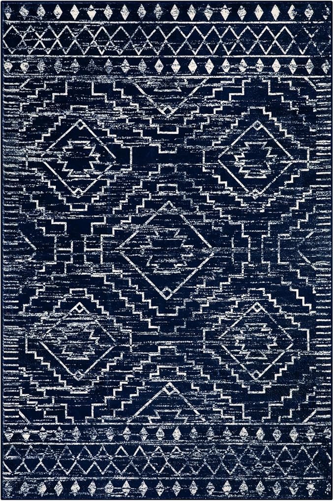 Wonnitar Moroccan Washable 6x9 Rug, Blue Large Living Room Area Rug, Non-Slip Boho Soft Rug for Bedroom, Non-Shedding Ultra-Thin Geometric Carpet for Dining Room Kitchen Basement (Blue,6'x9')