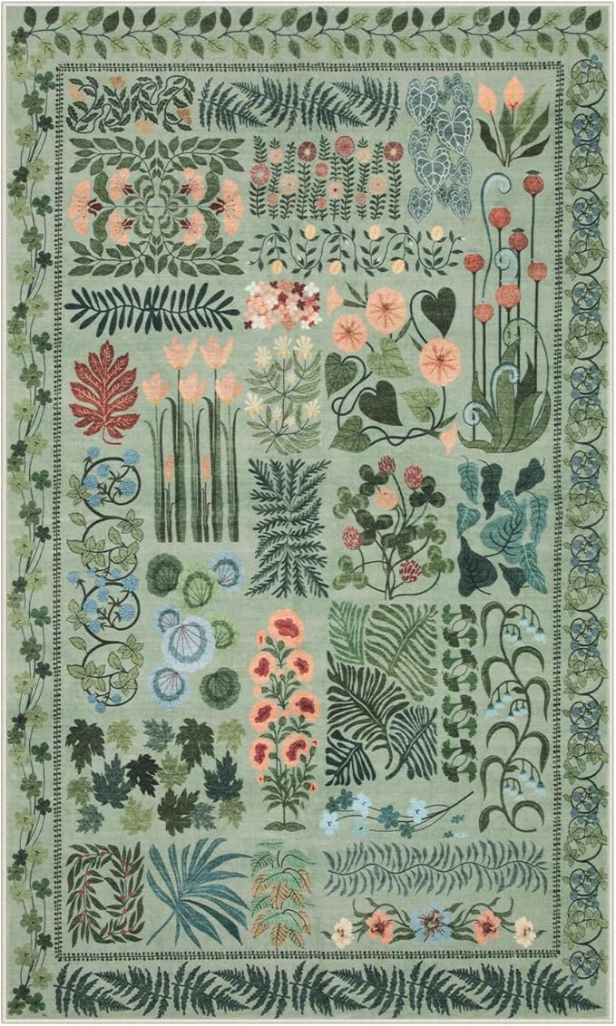 Floral Boho 3x5 Sage Green Bathroom Rugs, Washable Botanical Area Rugs for Entryway Bedroom, Non Slip Kitchen Floor Mat Indoor Throw Carpet for Laundry Living Room (Green,3 x 5)