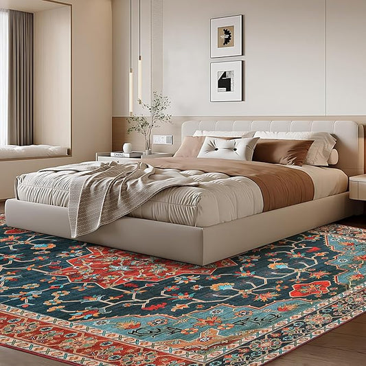 WILLSUN Washable Area Rugs, 9x12 Non-Slip Boho Large Area Rugs for Living Room, Bedroom, Machine Washable Vintage Rug, Indoor Floral Print Carpet for Home Decor, Kid & Pet Friendly Mat