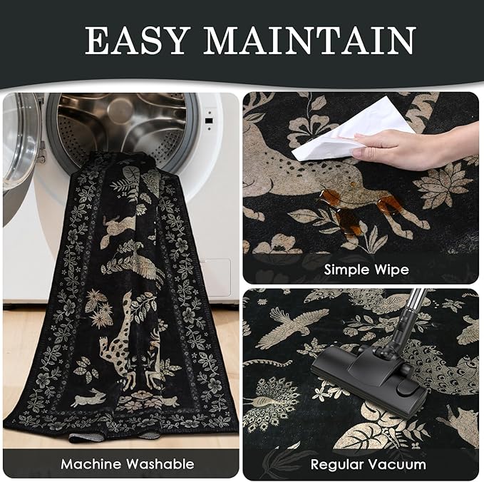 Moynesa Vintage Animal Washable Area Rugs 8x10, Retro Black Gold Area Rug for Living Room Bedroom Dining Room Office Study, Low Pile Soft Non Slip Stain-Resistant Carpets for Home Decor