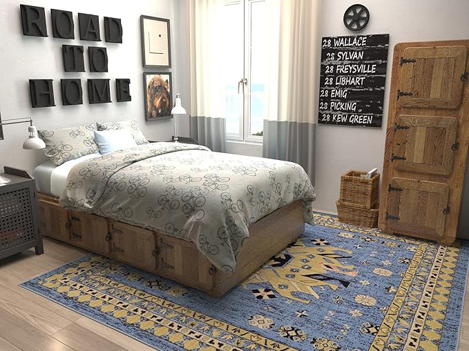 Unique Loom Taftan Collection Border Geometric Tribal Inspired Design Area Rug, 8 ft, Light Blue/Gold